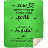 Typography Premium Sherpa Mink Blanket - Love Never Gives Up ~1 Corinthians 13:7~