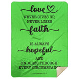 Typography Premium Sherpa Mink Blanket - Love Never Gives Up ~1 Corinthians 13:7~