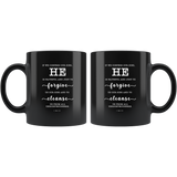 Typography Dishwasher Safe Black Mugs - He Is Faithful And Just To Forgive ~1 John 1:9~