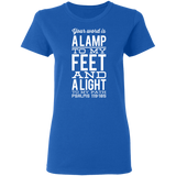 Bible Verse Ladies' 5.3 oz. T-Shirt - "Psalm 119:105" Design 4 (White Font) - Meditate Healing Christian Store