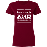 Bible Verse Ladies' 5.3 oz. T-Shirt - "Psalm 119:105" Design 10 (White Font) - Meditate Healing Christian Store