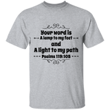 Bible Verse Men 5.3 oz. T-Shirt - "Psalm 119:105" Design 1 (Black Font) - Meditate Healing Christian Store