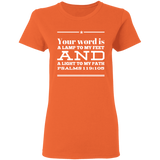 Bible Verse Ladies' 5.3 oz. T-Shirt - "Psalm 119:105" Design 10 (White Font) - Meditate Healing Christian Store