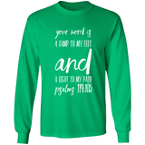 Bible Verse Long Shirt Ultra Cotton T-Shirt - "Psalm 119:105" Design 9 (White Font) - Meditate Healing Christian Store
