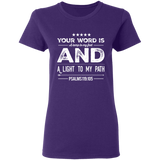 Bible Verse Ladies' 5.3 oz. T-Shirt - "Psalm 119:105" Design 16 (White Font) - Meditate Healing Christian Store