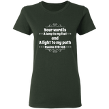 Bible Verse Ladies' 5.3 oz. T-Shirt - "Psalm 119:105" Design 1 (White Font) - Meditate Healing Christian Store