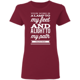 Bible Verse Ladies' 5.3 oz. T-Shirt - "Psalm 119:105" Design 15 (White Font) - Meditate Healing Christian Store