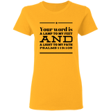 Bible Verse Ladies' 5.3 oz. T-Shirt - "Psalm 119:105" Design 10 (Black Font) - Meditate Healing Christian Store