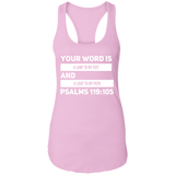 Bible Verse Ladies Ideal Racerback Tank - "Psalm 119:105" Design 20 (White Font) - Meditate Healing Christian Store