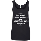 Bible Verse Ladies' 100% Ringspun Cotton Tank Top - "Psalm 119:105" Design 1 (White Font) - Meditate Healing Christian Store