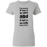 Bible Verse Ladies' 5.3 oz. T-Shirt - "Psalm 119:105" Design 6 (Black Font) - Meditate Healing Christian Store
