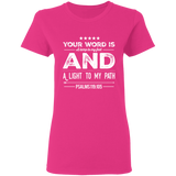 Bible Verse Ladies' 5.3 oz. T-Shirt - "Psalm 119:105" Design 16 (White Font) - Meditate Healing Christian Store