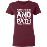 Bible Verse Ladies' 5.3 oz. T-Shirt - "Psalm 119:105" Design 7 (White Font) - Meditate Healing Christian Store