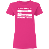 Bible Verse Ladies' 5.3 oz. T-Shirt - "Psalm 119:105" Design 21 (White Font) - Meditate Healing Christian Store