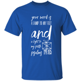 Bible Verse Men 5.3 oz. T-Shirt - "Psalm 119:105" Design 18 (White Font) - Meditate Healing Christian Store