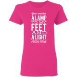 Bible Verse Ladies' 5.3 oz. T-Shirt - "Psalm 119:105" Design 4 (White Font) - Meditate Healing Christian Store