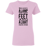 Bible Verse Ladies' 5.3 oz. T-Shirt - "Psalm 119:105" Design 4 (Black Font) - Meditate Healing Christian Store