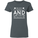 Bible Verse Ladies' 5.3 oz. T-Shirt - "Psalm 119:105" Design 14 (White Font) - Meditate Healing Christian Store