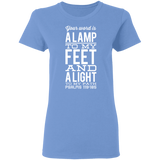 Bible Verse Ladies' 5.3 oz. T-Shirt - "Psalm 119:105" Design 4 (White Font) - Meditate Healing Christian Store