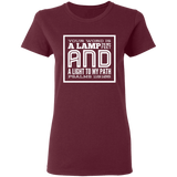 Bible Verse Ladies' 5.3 oz. T-Shirt - "Psalm 119:105" Design 12 (White Font) - Meditate Healing Christian Store