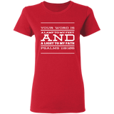 Bible Verse Ladies' 5.3 oz. T-Shirt - "Psalm 119:105" Design 11 (White Font) - Meditate Healing Christian Store