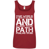 Bible Verse Ladies' 100% Ringspun Cotton Tank Top - "Psalm 119:105" Design 7 (White Font) - Meditate Healing Christian Store