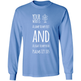 Bible Verse Long Shirt Ultra Cotton T-Shirt - "Psalm 119:105" Design 19 (White Font) - Meditate Healing Christian Store