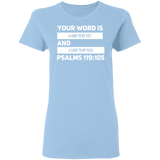 Bible Verse Ladies' 5.3 oz. T-Shirt - "Psalm 119:105" Design 21 (White Font) - Meditate Healing Christian Store