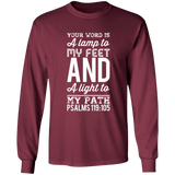 Bible Verse Long Shirt Ultra Cotton T-Shirt - "Psalm 119:105" Design 3 (White Font) - Meditate Healing Christian Store