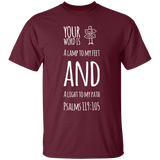 Bible Verse Men 5.3 oz. T-Shirt - "Psalm 119:105" Design 19 (White Font) - Meditate Healing Christian Store