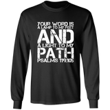 Bible Verse Long Shirt Ultra Cotton T-Shirt - "Psalm 119:105" Design 7 (White Font) - Meditate Healing Christian Store