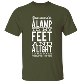 Bible Verse Men 5.3 oz. T-Shirt - "Psalm 119:105" Design 4 (White Font) - Meditate Healing Christian Store