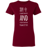 Bible Verse Ladies' 5.3 oz. T-Shirt - "Psalm 119:105" Design 19 (White Font) - Meditate Healing Christian Store