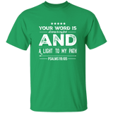 Bible Verse Men 5.3 oz. T-Shirt - "Psalm 119:105" Design 16 (White Font) - Meditate Healing Christian Store
