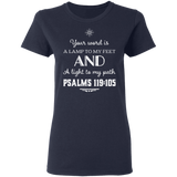 Bible Verse Ladies' 5.3 oz. T-Shirt - "Psalm 119:105" Design 5 (White Font) - Meditate Healing Christian Store