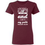 Bible Verse Ladies' 5.3 oz. T-Shirt - "Psalm 119:105" Design 17 (White Font) - Meditate Healing Christian Store