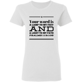 Bible Verse Ladies' 5.3 oz. T-Shirt - "Psalm 119:105" Design 10 (Black Font) - Meditate Healing Christian Store