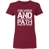 Bible Verse Ladies' 5.3 oz. T-Shirt - "Psalm 119:105" Design 7 (White Font) - Meditate Healing Christian Store
