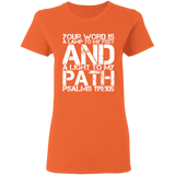 Bible Verse Ladies' 5.3 oz. T-Shirt - "Psalm 119:105" Design 7 (White Font) - Meditate Healing Christian Store