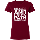 Bible Verse Ladies' 5.3 oz. T-Shirt - "Psalm 119:105" Design 7 (White Font) - Meditate Healing Christian Store