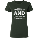 Bible Verse Ladies' 5.3 oz. T-Shirt - "Psalm 119:105" Design 16 (White Font) - Meditate Healing Christian Store