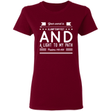 Bible Verse Ladies' 5.3 oz. T-Shirt - "Psalm 119:105" Design 14 (White Font) - Meditate Healing Christian Store
