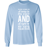 Bible Verse Long Shirt Ultra Cotton T-Shirt - "Psalm 119:105" Design 3 (White Font) - Meditate Healing Christian Store