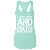 Bible Verse Ladies Ideal Racerback Tank - "Psalm 119:105" Design 7 (White Font) - Meditate Healing Christian Store