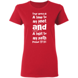 Bible Verse Ladies' 5.3 oz. T-Shirt - "Psalm 119:105" Design 6 (White Font) - Meditate Healing Christian Store