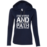 Bible Verse Ladies' Long Sleeve T-Shirt Hoodie - "Psalm 119:105" Design 7 (White Font) - Meditate Healing Christian Store