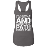 Bible Verse Ladies Ideal Racerback Tank - "Psalm 119:105" Design 7 (White Font) - Meditate Healing Christian Store