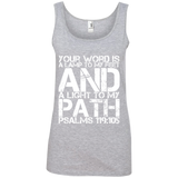 Bible Verse Ladies' 100% Ringspun Cotton Tank Top - "Psalm 119:105" Design 7 (White Font) - Meditate Healing Christian Store
