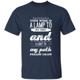 Bible Verse Men 5.3 oz. T-Shirt - "Psalm 119:105" Design 17 (White Font) - Meditate Healing Christian Store