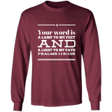 Bible Verse Long Shirt Ultra Cotton T-Shirt - "Psalm 119:105" Design 10 (White Font) - Meditate Healing Christian Store